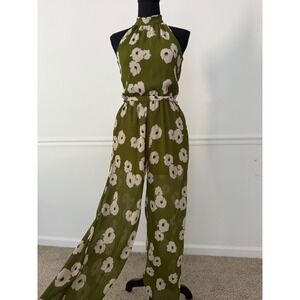 Jumpsuit Olive Green Floral Halter Neck Wide Leg Boho size S Monteau Los Angeles